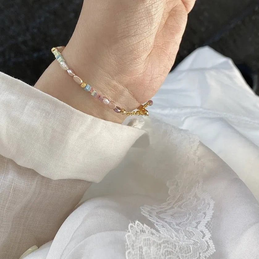 Purple pearl bracelet and matching necklace set with irregular freshwater pearls on gold gilded silver