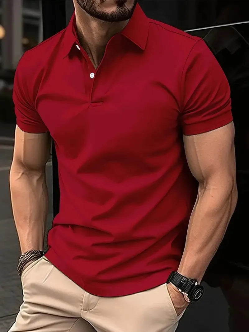 Men's slim fit button-front short sleeve casual shirt in a solid colour on a hanger.