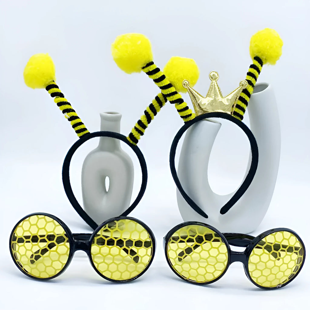 Yellow bees costume set with a cloth headband and glasses featuring insect details.