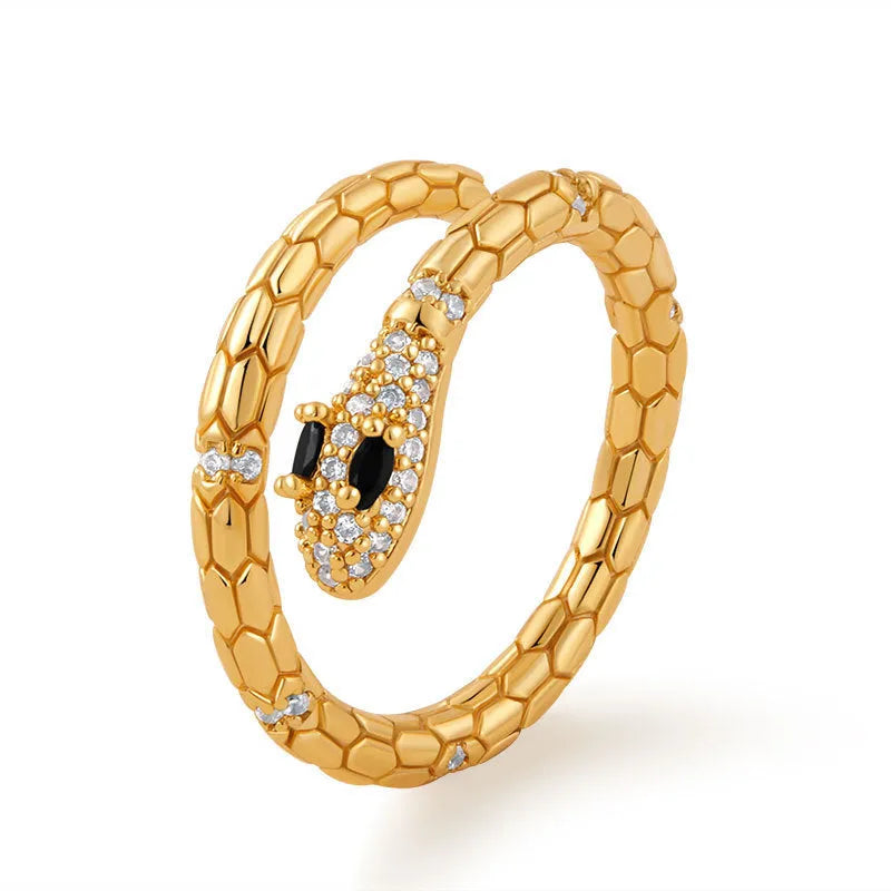 Adjustable copper snake ring with gold colour finish and diamond surface treatment