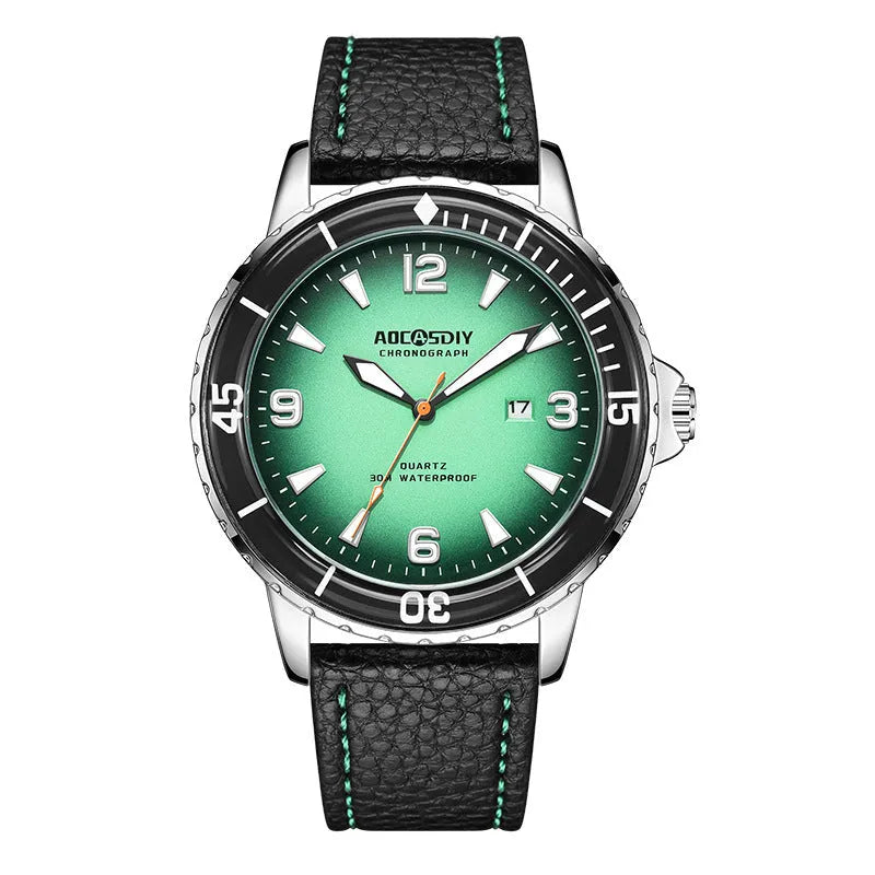 Casual digital men's quartz watch with 45mm round dial, calendar, mineral glass, and spiral crown on light background