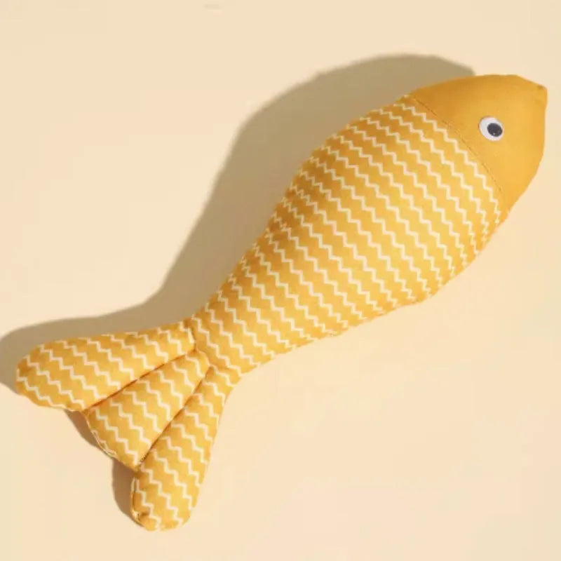 Plush fish cat toy filled with catnip, shown in blue, red, and yellow colours, with large and medium size examples
