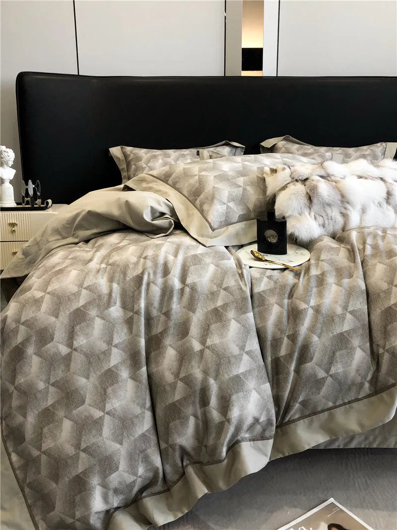 Long-staple cotton printed four-piece bedding set with geometric pattern, sanded fabric, digital print, European classical style