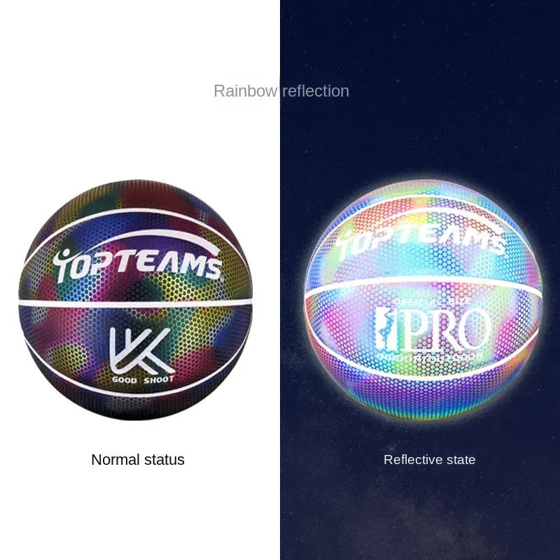 No. 7 size fluorescent basketball with holographic reflective surface on a court.