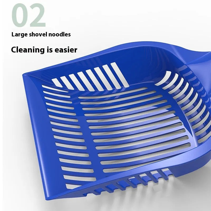 Red, yellow, and blue plastic cat litter scoops in small and medium sizes for pet toilet cleaning