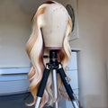 100% human hair body wave lace front wig with blonde highlights, 13X4 lace front, on a mannequin head