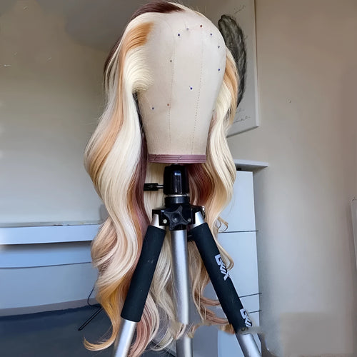 100% human hair body wave lace front wig with blonde highlights, 13X4 lace front, on a mannequin head
