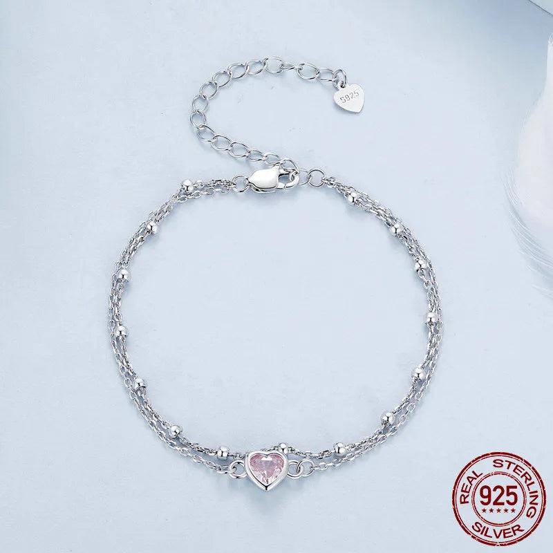 Women's sweet style 925 sterling silver bracelet with a 6mm heart pendant on an adjustable chain.