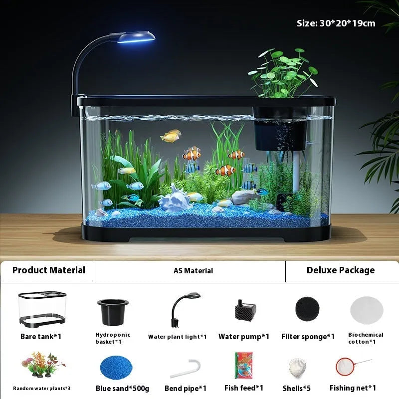 Ecological landscape filter oxygen-making integrated fish tank in luxury black colour on desktop