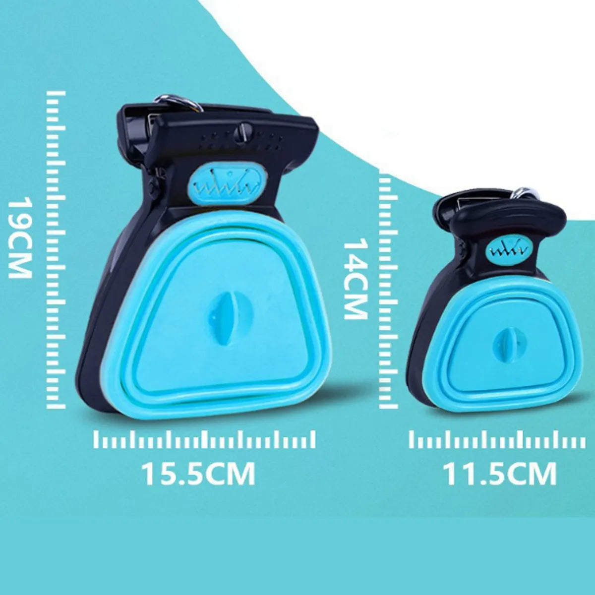 Blue portable handheld dog pooper scooper with clip and expandable waste container on a green background.