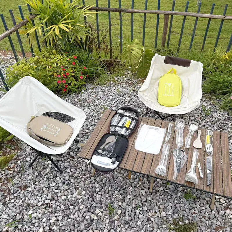 12-piece stainless steel cutlery set inside a khaki portable picnic storage bag
