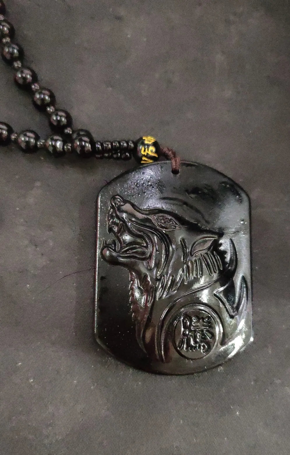 Obsidian carving wolf head amulet pendant necklace for men, natural black stone, 49x39x8mm