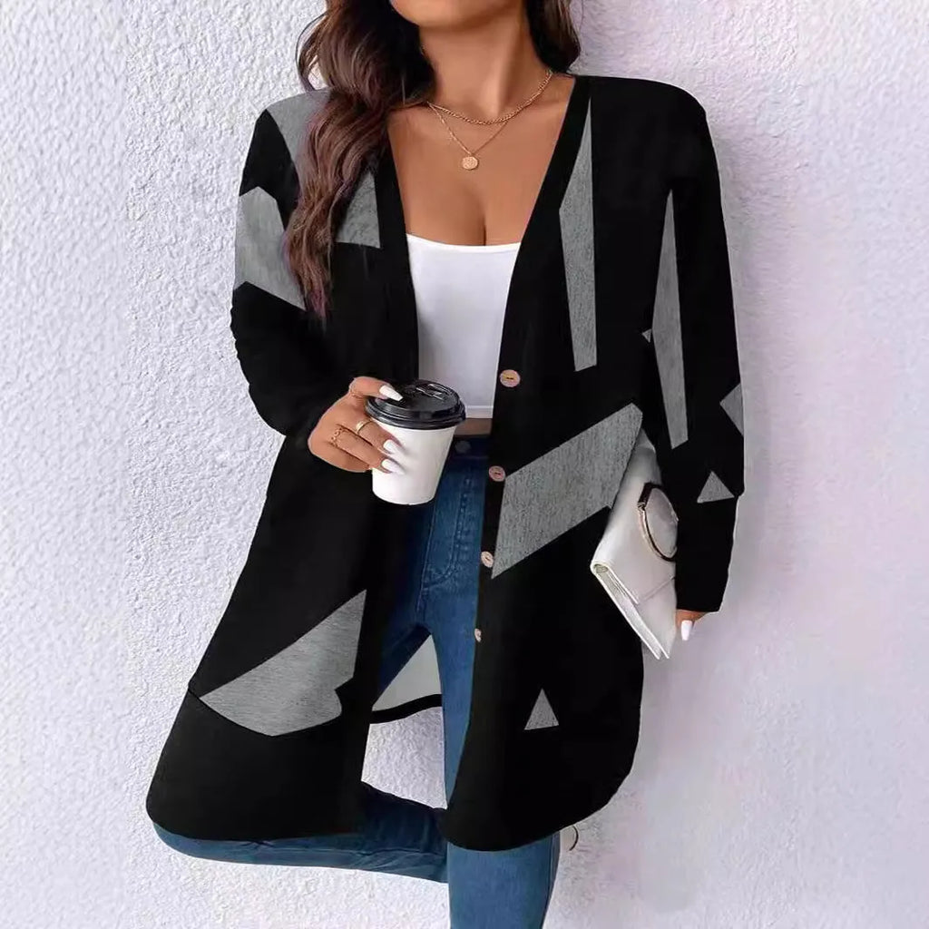 Black loose-fitting plus size women's cardigan coat with button stitching detail