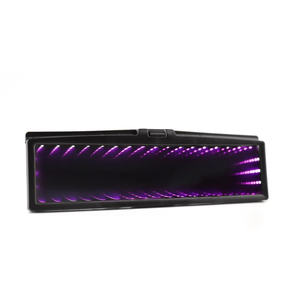 280mm wide car flat rearview mirror in blue plastic with integrated 3D lighting strips, shown mounted in a vehicle.