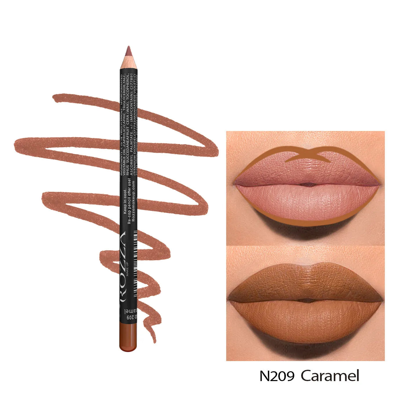 Matte finish lip liner pencil in wood casing with colour options 201 to 214 for 24-hour wear