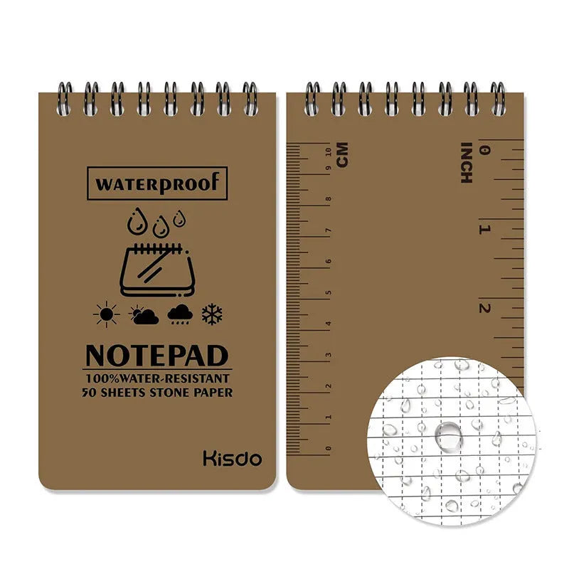 Spiral-bound waterproof office notepad showing stone paper pages and PP cover in camouflage pattern