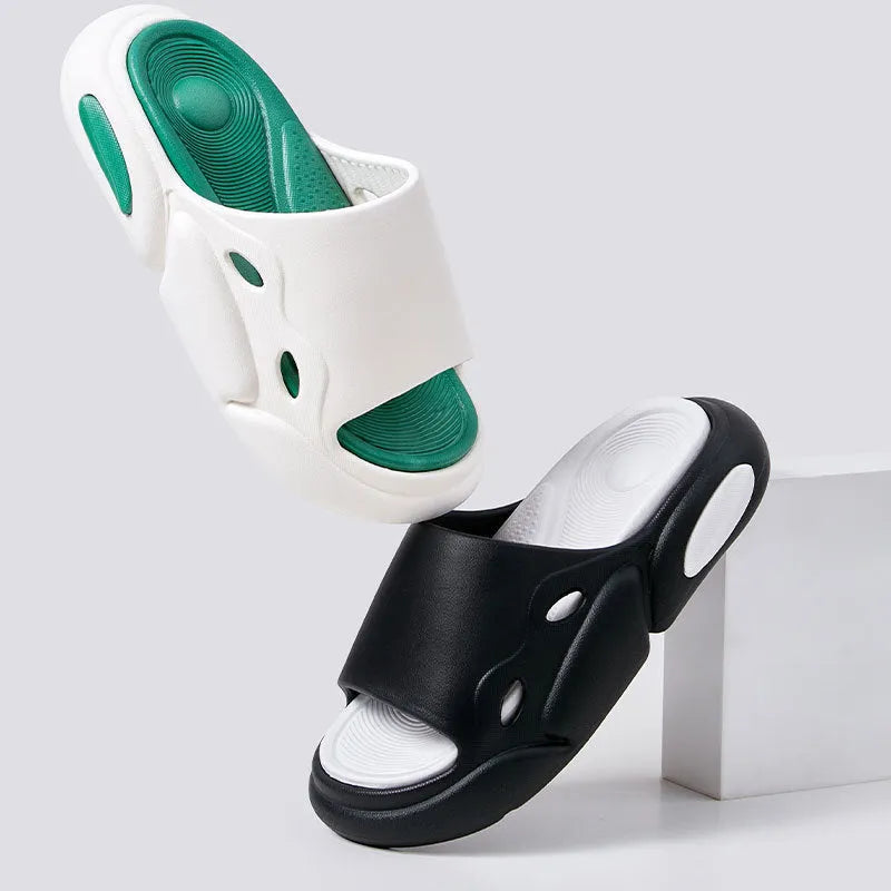 Women's two-colour thick-soled slippers in EVA with leather lining for indoor and beach use