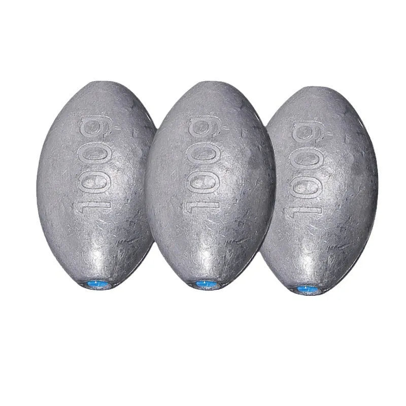 Rugby-shaped olive fishing lead sinker with scale tongxin and plastic core, weights from 10g to 150g.
