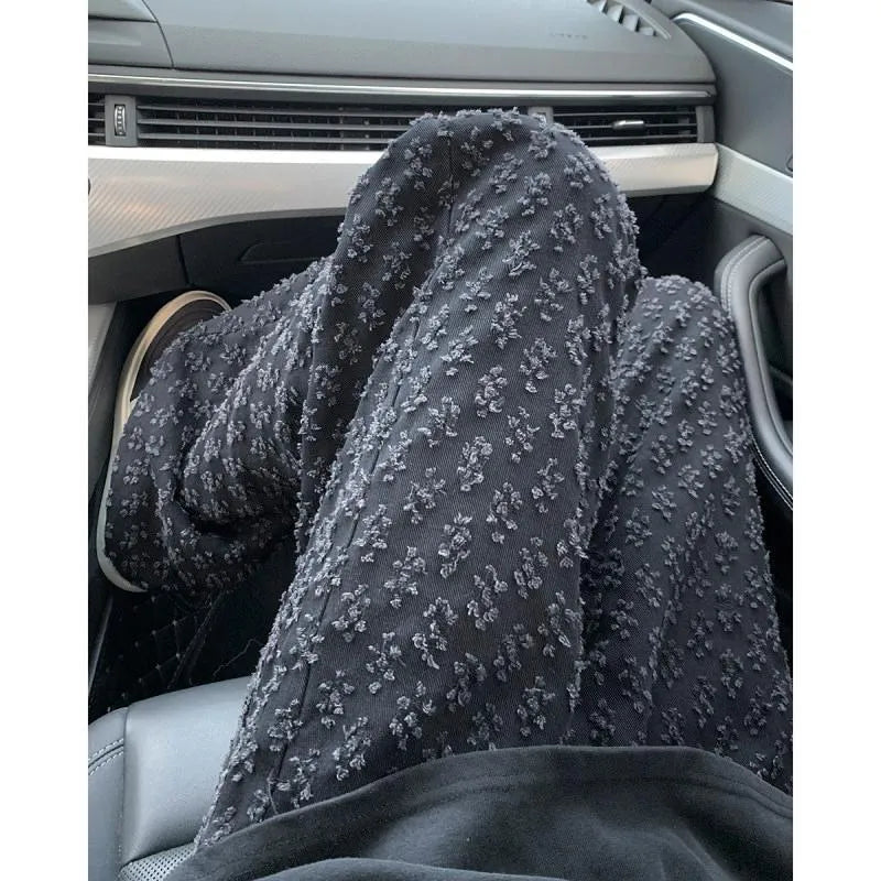 Men's jacquard full-print denim jeans in black, mid-rise button fly, streetwear casual trousers