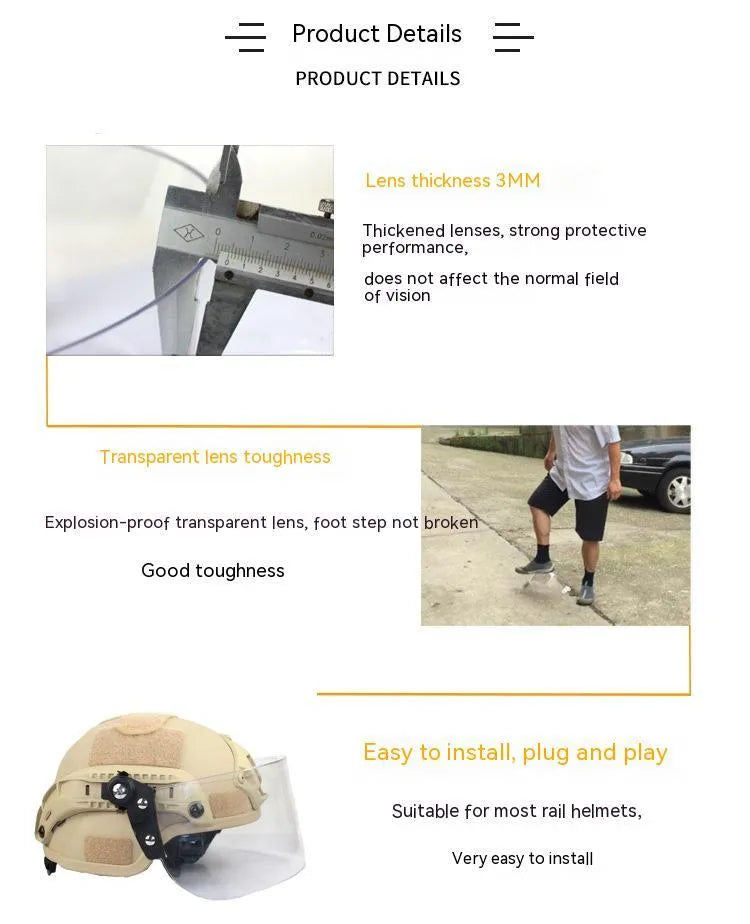 Transparent polycarbonate safety mask for helmet attachment, 30cm wide by 15cm high.