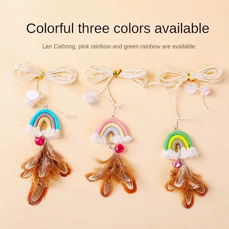 Cat door swing toy with colourful feathers on elastic cord attached by sticky buckle clamp