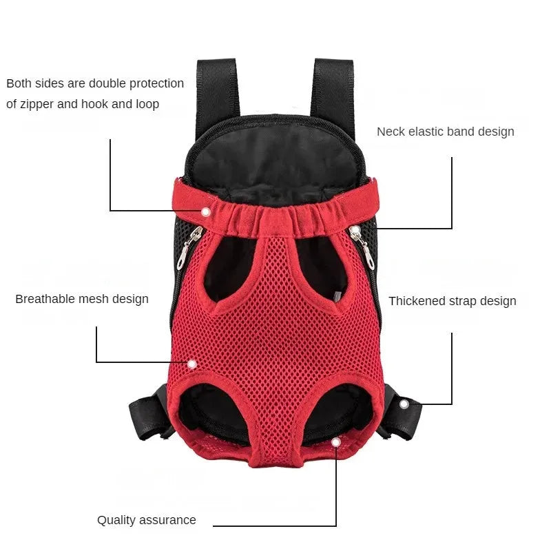 Convertible dog carrier backpack worn on front with small dog inside, showing adjustable straps and breathable mesh panels