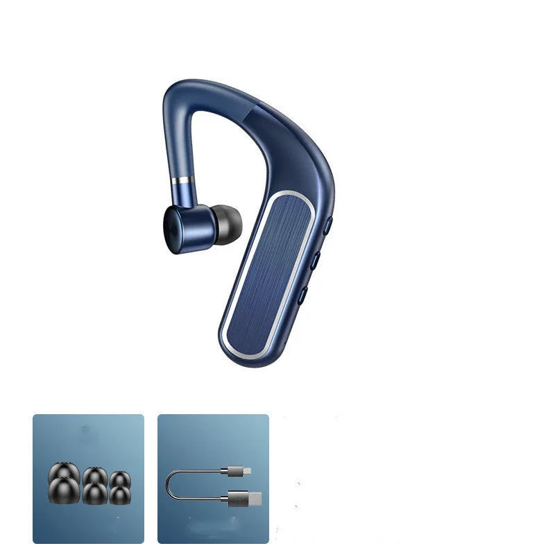 Bluetooth earphones in black with hanging ear design shown with charging cable and three pairs of silicone ear caps