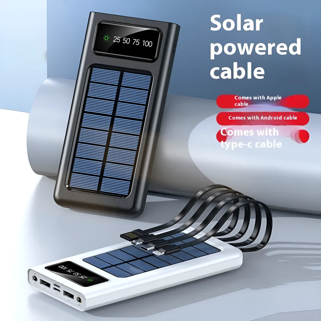 Black solar power bank with integrated charging cable showing 20000mAh capacity and solar panel