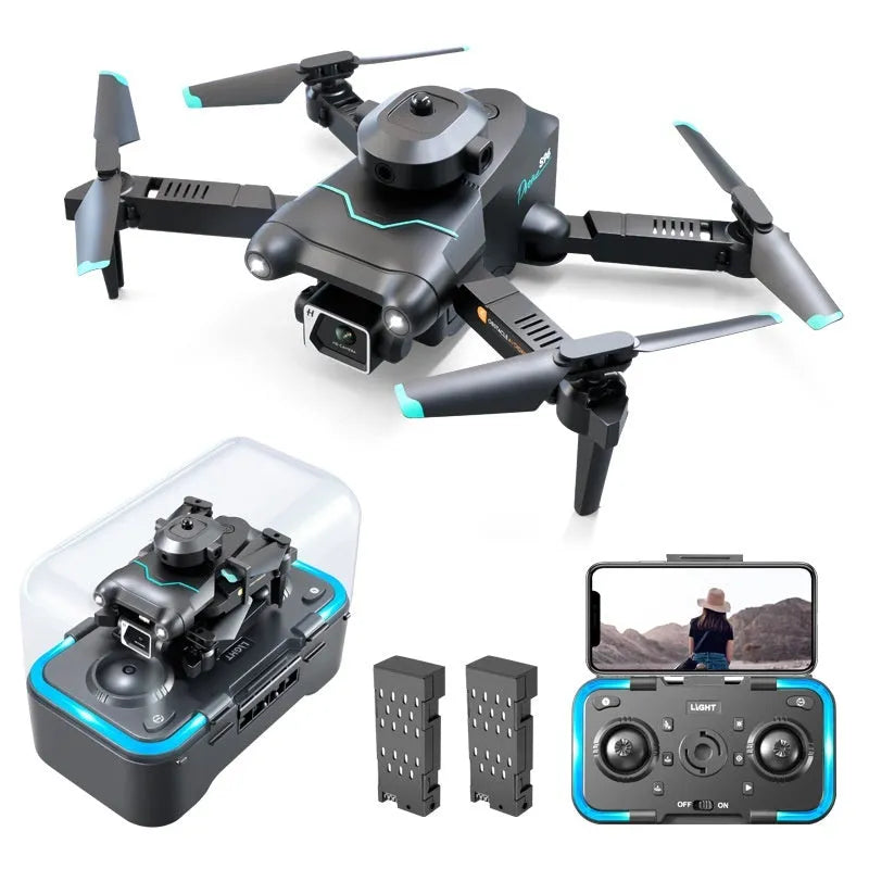 Black S96 quadcopter drone with four propellers and a camera, shown on a stand.
