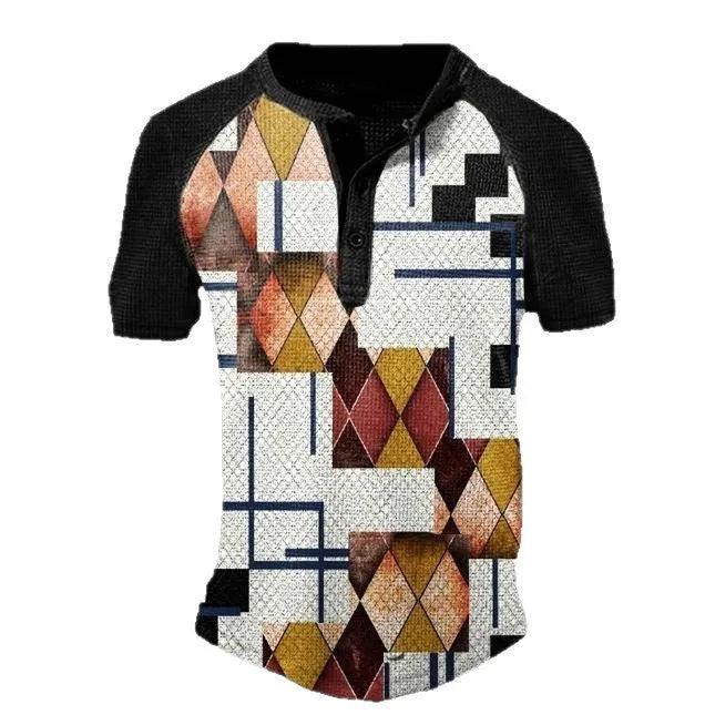 Men's simple lapel button short sleeve sport shirt in polyester fabric on a model.