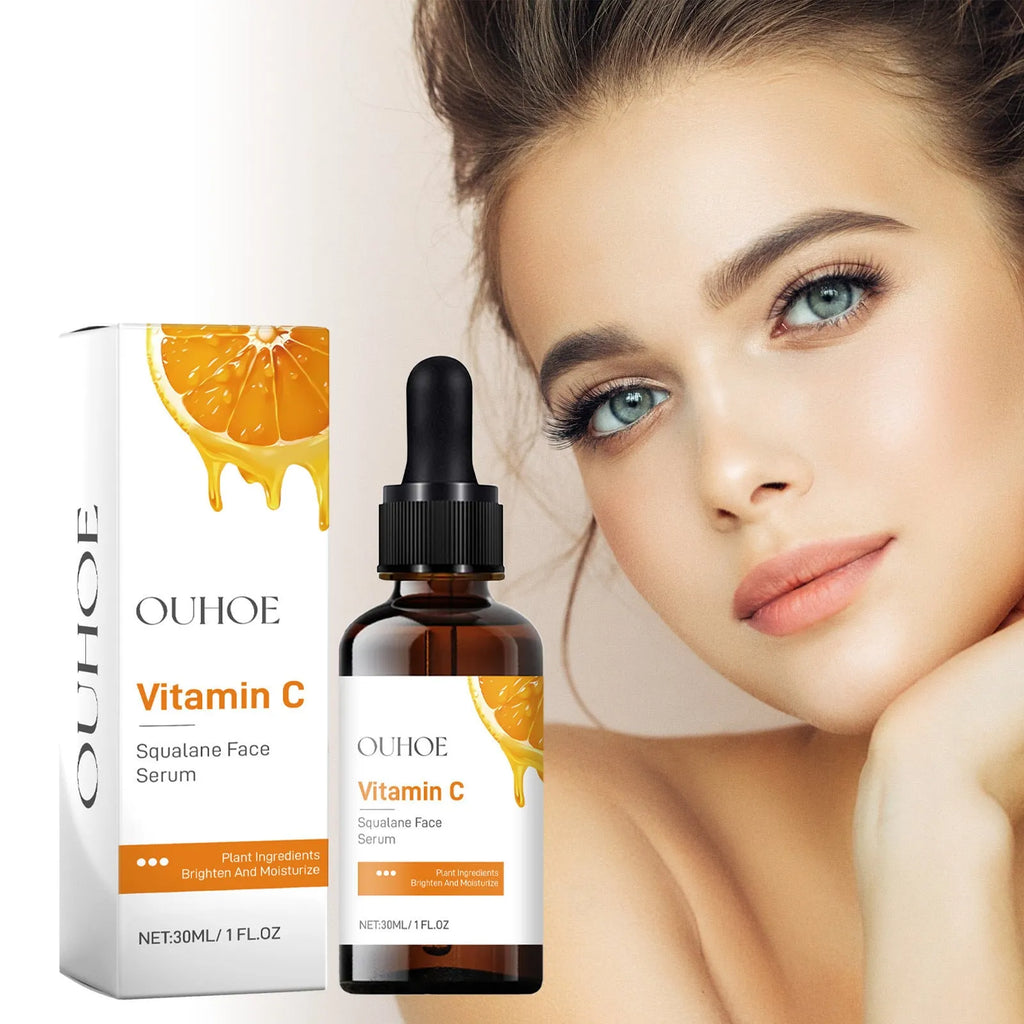 Squalane face serum in a PET bottle with vitamin C, hyaluronic acid, collagen for hydration, 3x3x10.5cm