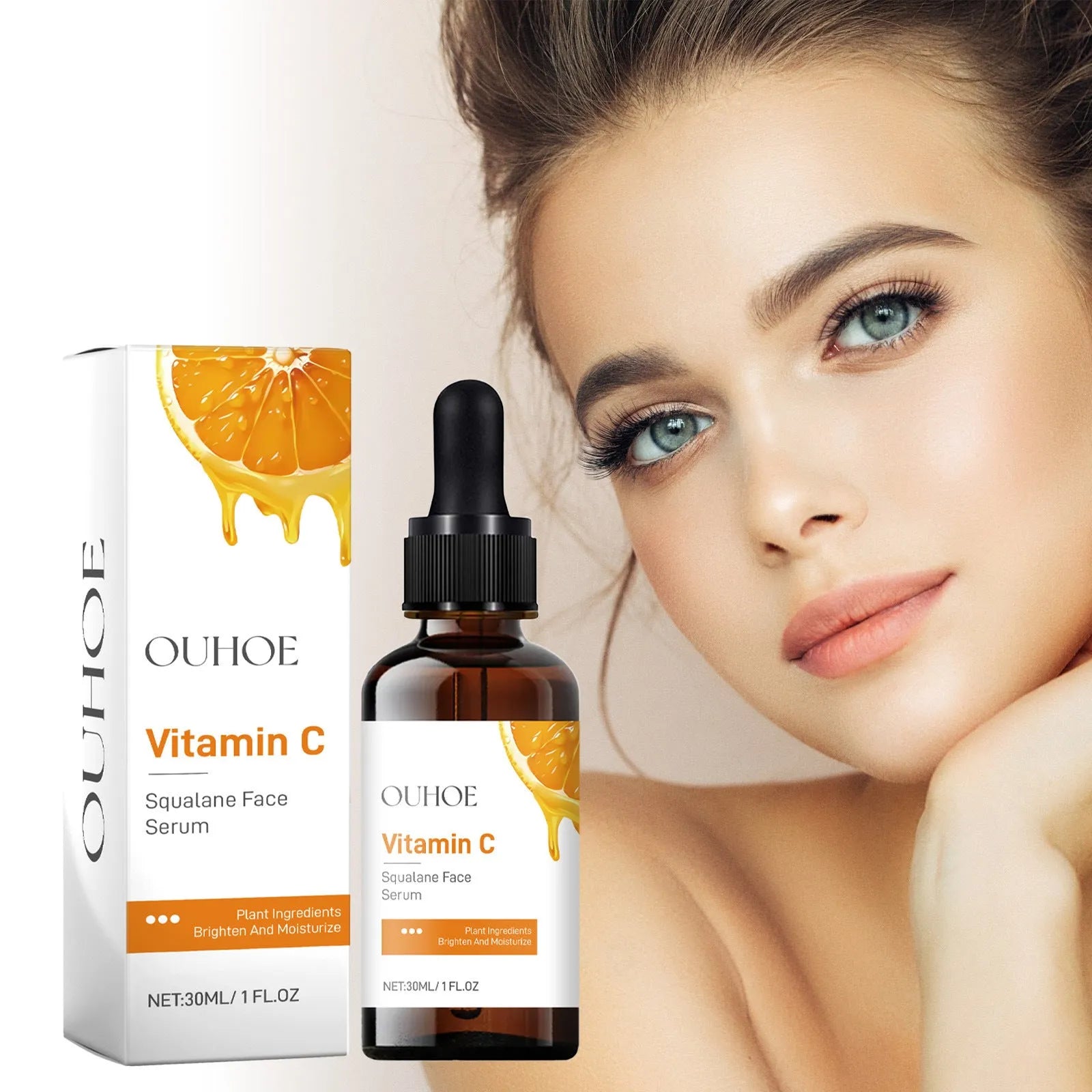 Squalane face serum in a PET bottle with vitamin C, hyaluronic acid, collagen for hydration, 3x3x10.5cm