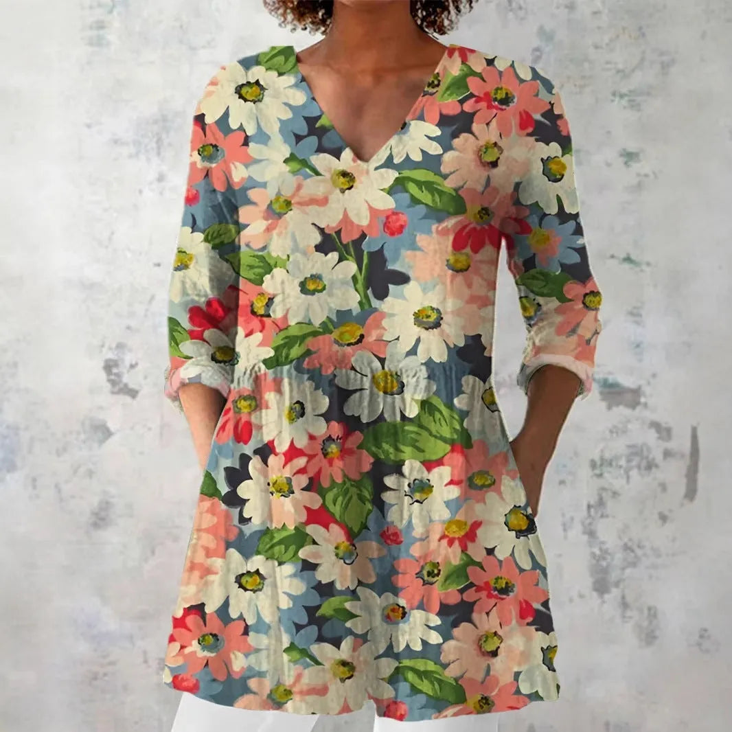 Women's retro slim fit long-sleeved polyester top with digital printing in multiple colour designs