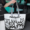 Green waterproof woven handbag with colour printing, portable size for shopping and daily carrying
