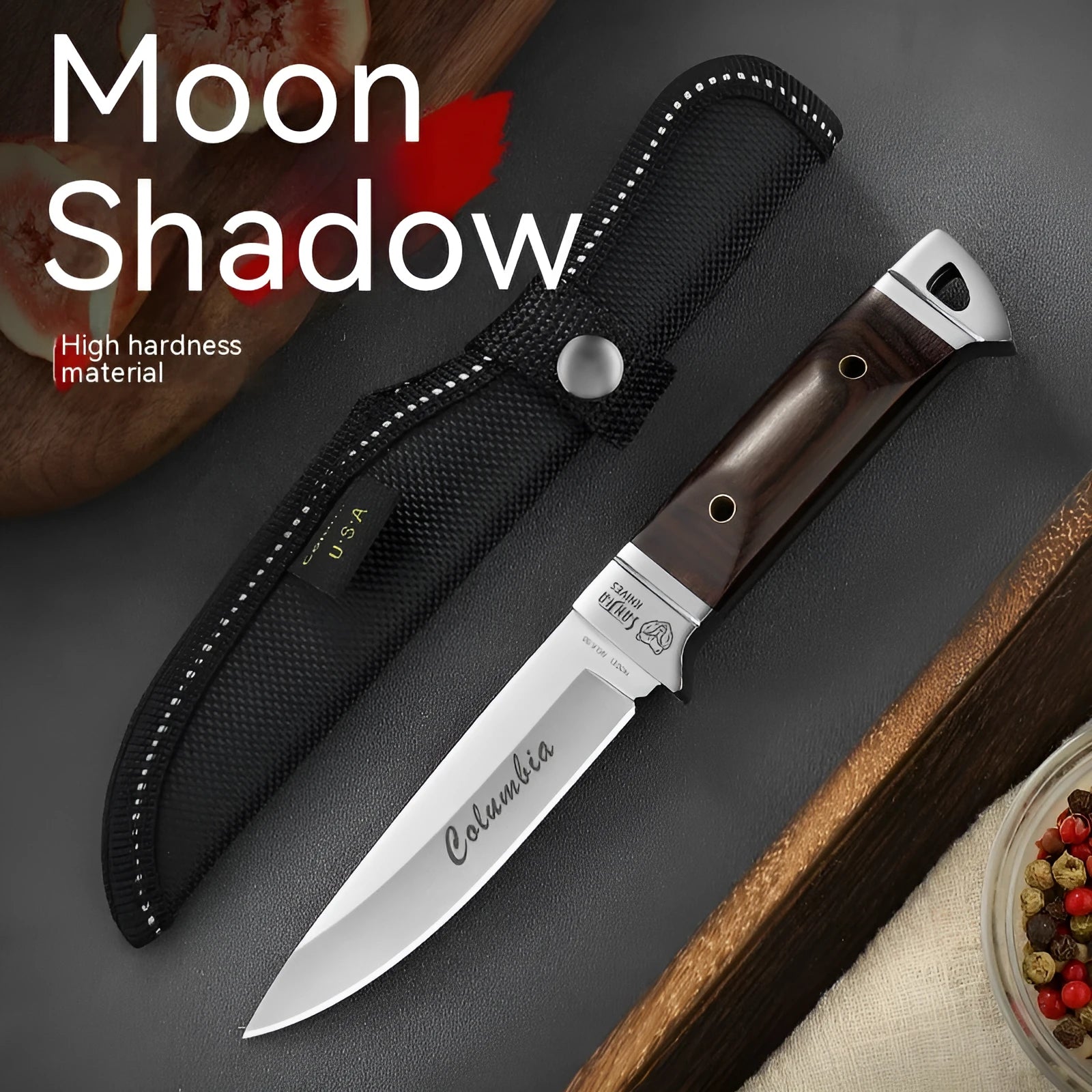 Camping knife with leather sheath case showing stainless steel blade and national style design.