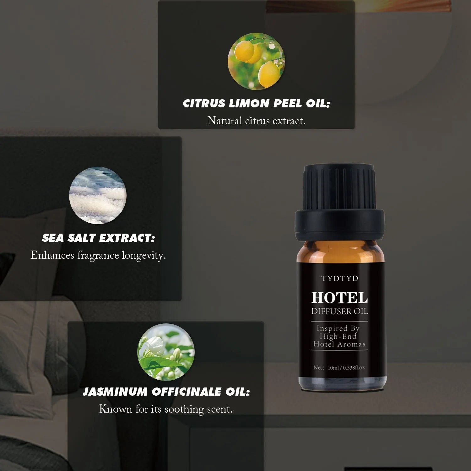10ml glass bottle of natural plant fragrance essential oil on a neutral background.