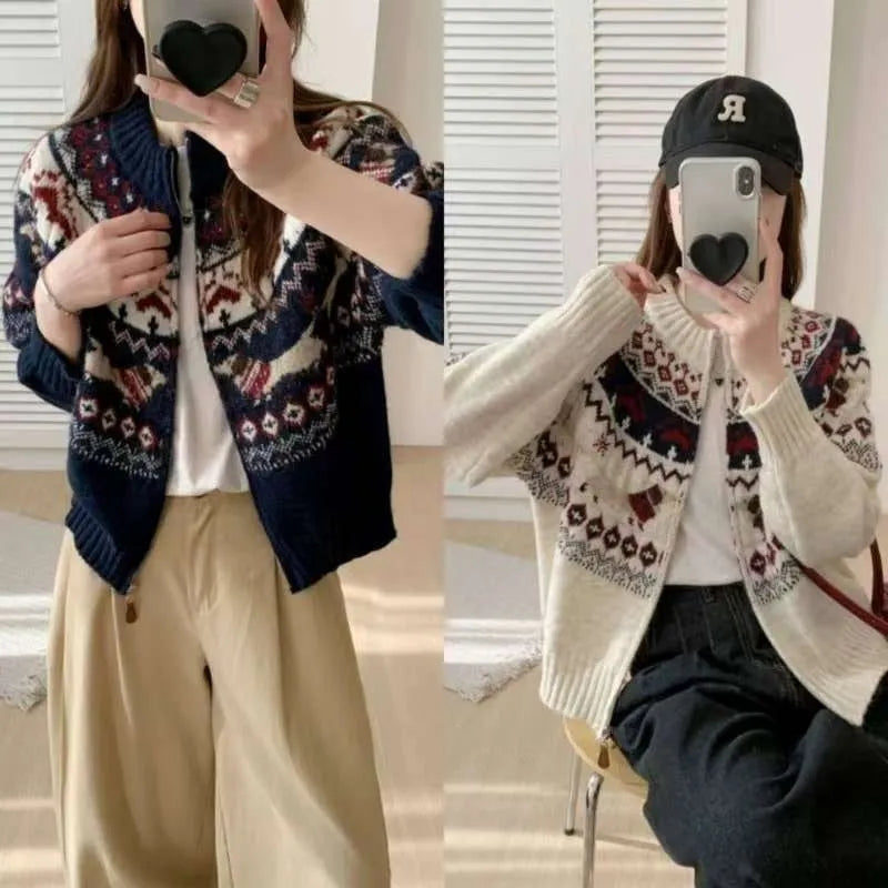 Ethnic style Jacquard pullover sweater with 3D heavy industry pattern, round neck, and long sleeves in apricot colour.