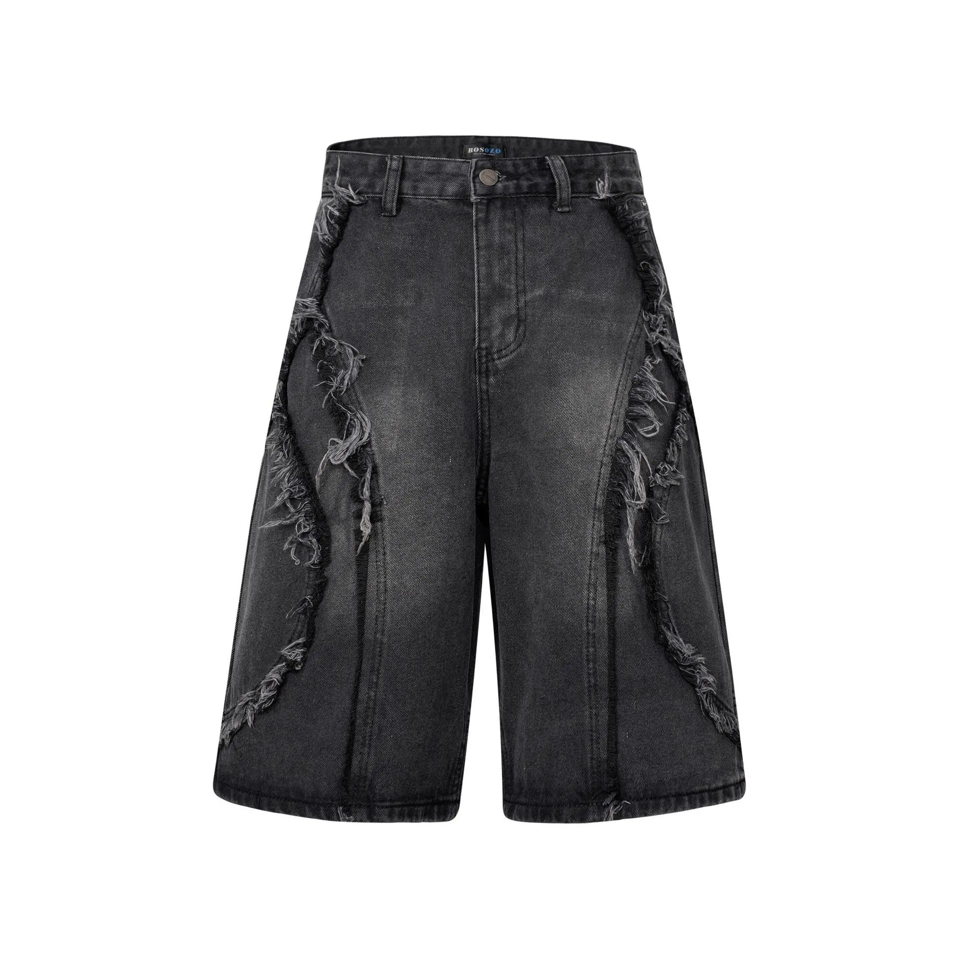 American Pu Shuai distressed denim shorts in straight cut hip hop style with raw edge finish