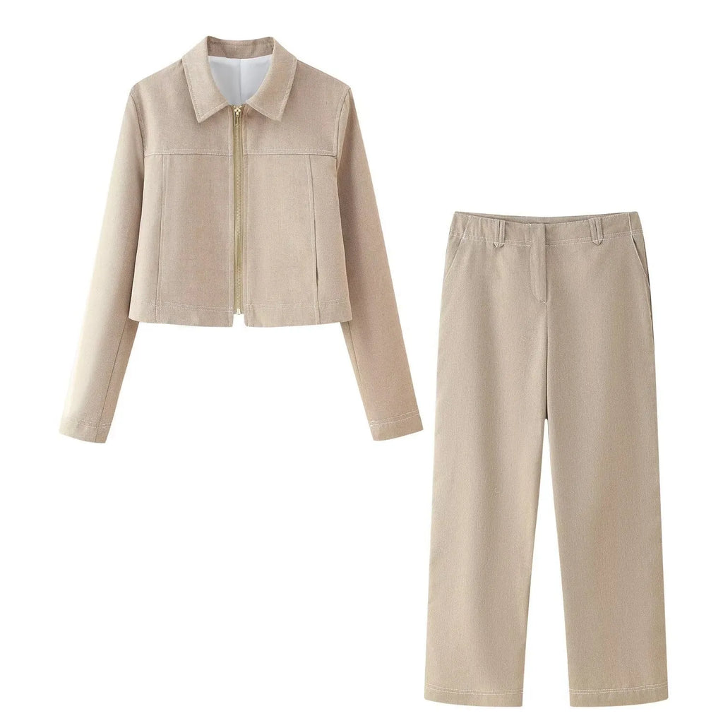 Women's herringbone pattern suit set with 3D embroidery, showing jacket and straight-leg trousers