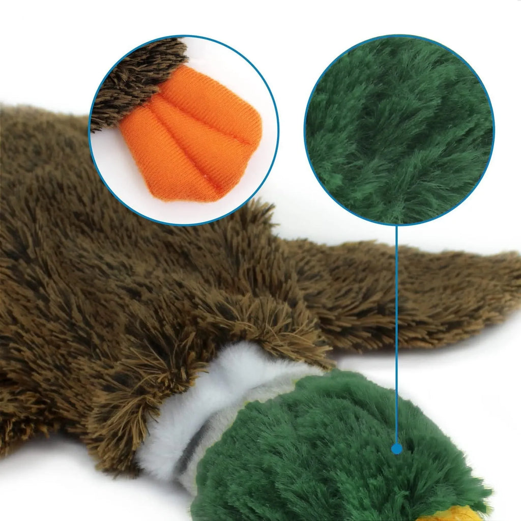 Green Wild Duck stuffless dog toy with squeakers, showing bottom fasteners for bottle insertion.