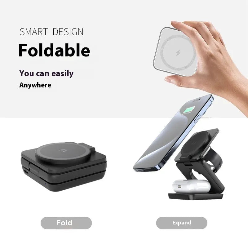 Foldable black magnetic wireless charging phone holder mounted on a car dashboard.