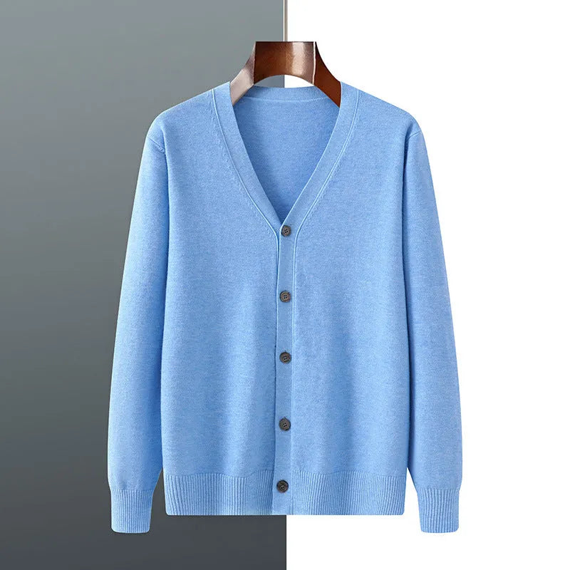 Men's loose-fit Andy velvet cardigan coat in dark blue with V-neck and long sleeves.