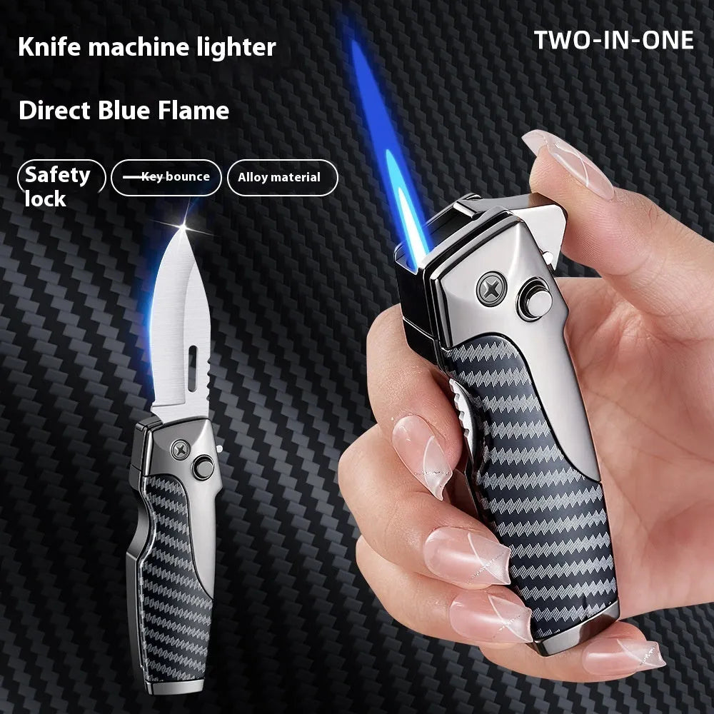 Metal folding lighter with integrated pocket knife tool in a wood grain finish.