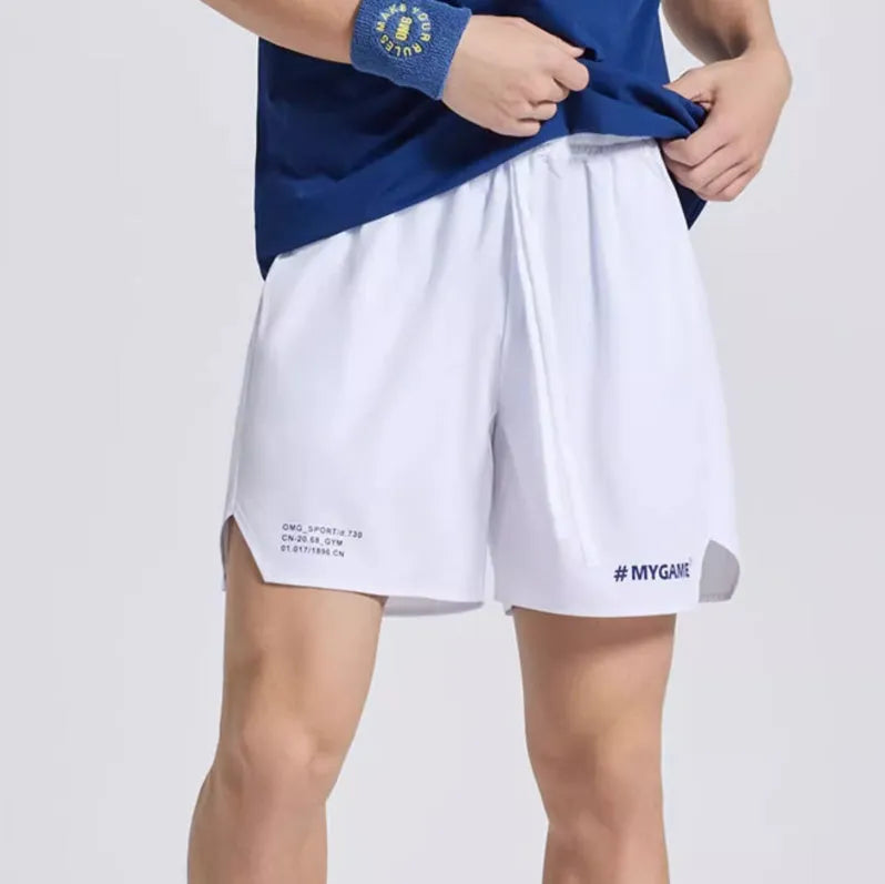 Men's fitness training shorts in blue, black, grey or white with moisture-wicking fabric