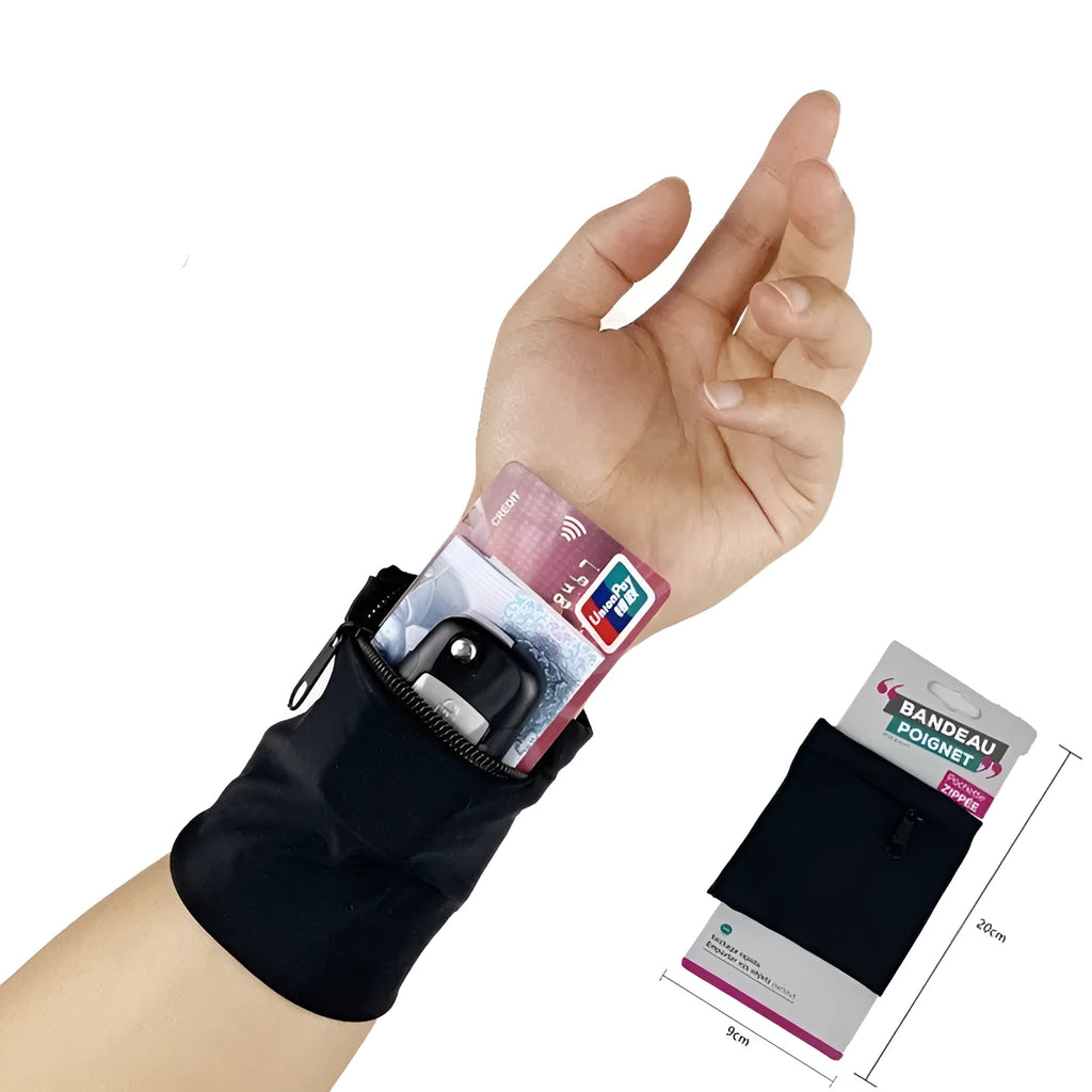 Camping fitness arm wallet wrist bag measuring 10 by 10.5 centimetres.