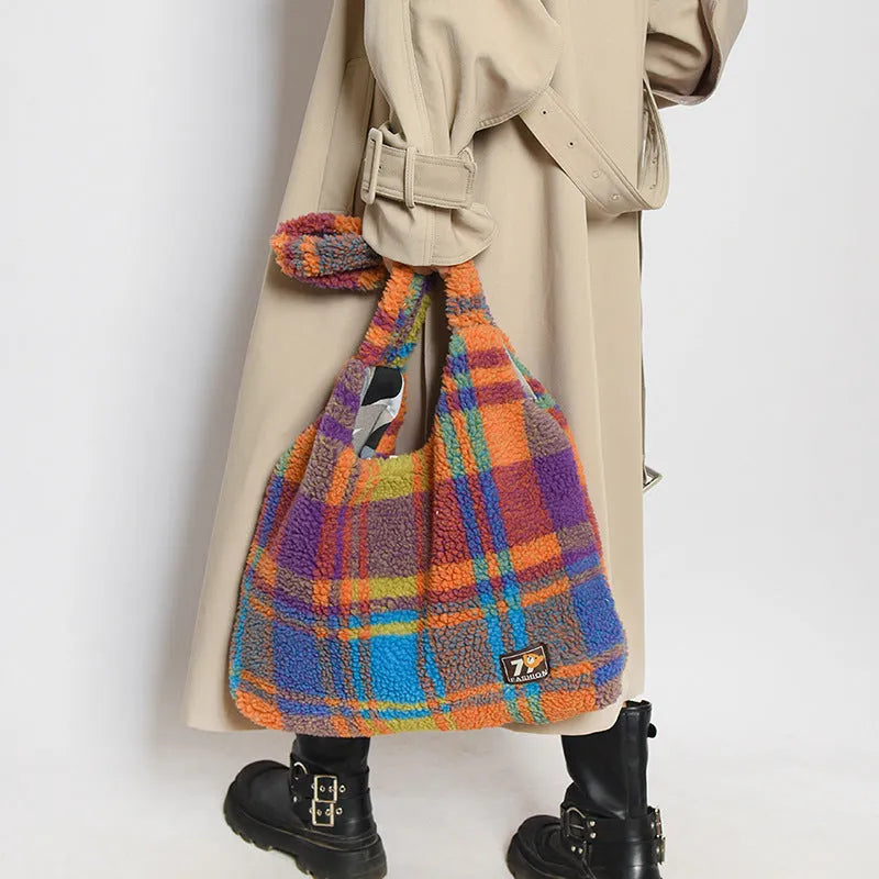 Women's plaid pattern crossbody tote bag in soft plush material with 40x44x9cm dimensions