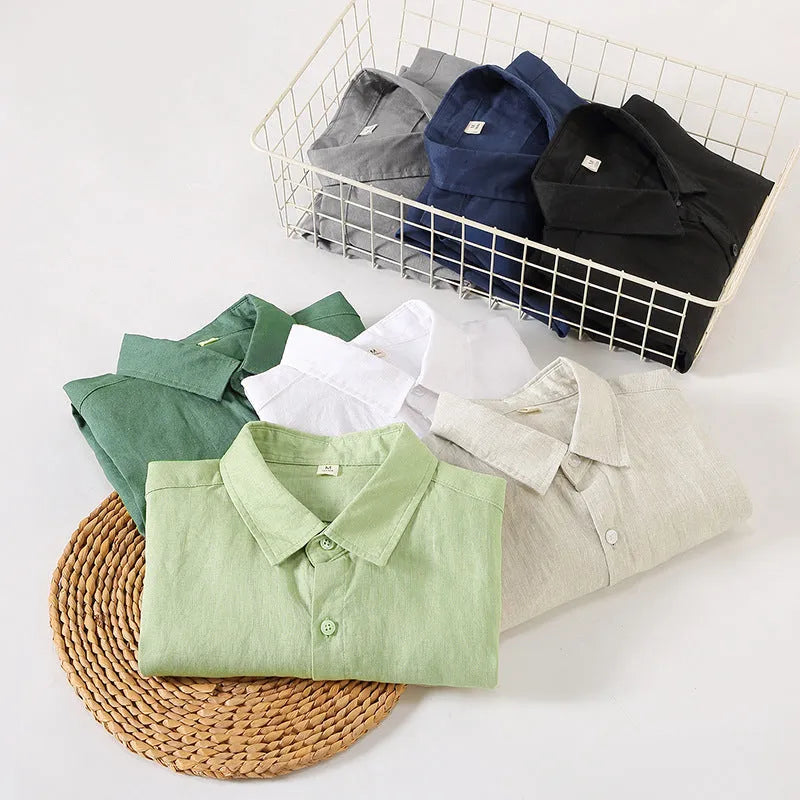 Chinese style linen cardigan shirt with long sleeves in solid colour