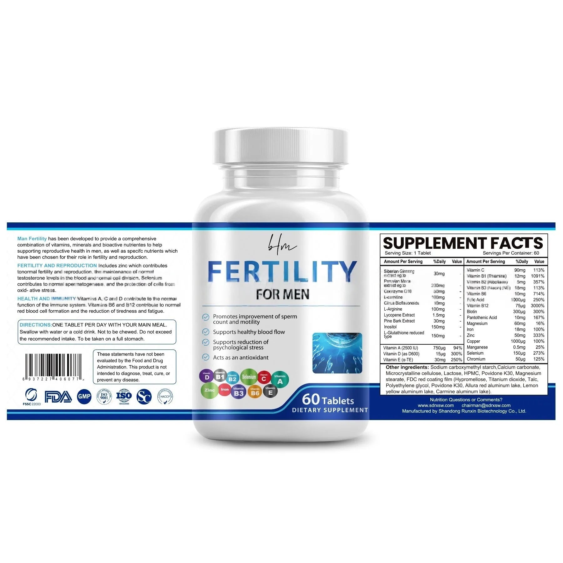 Sealed bottle of Male Fertility Tablets containing 60 tablets with COMLEX vitamin mineral amino acids formula.