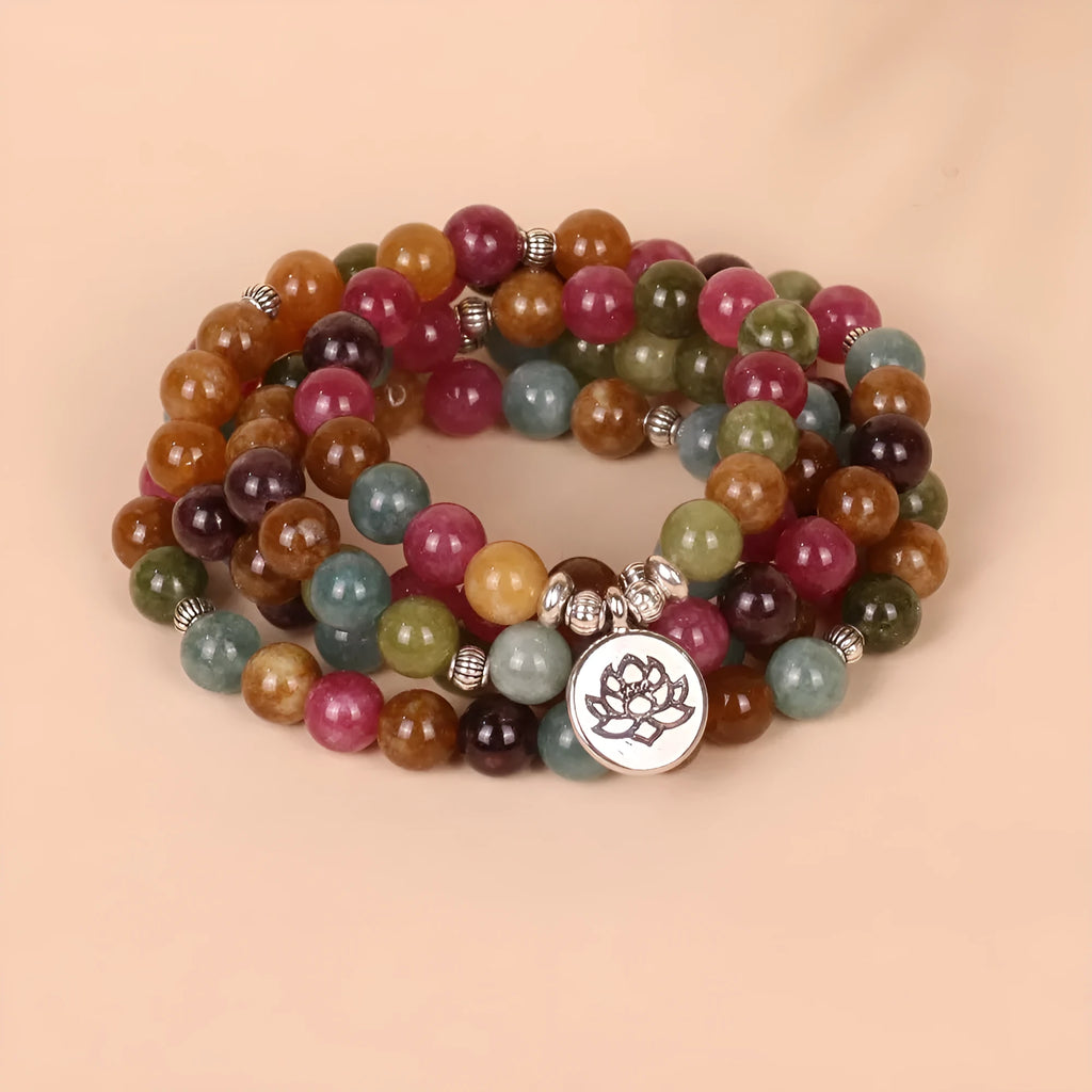 108-bead multi-layer bracelet with lotus hanging and tourmaline accents on alloy chain