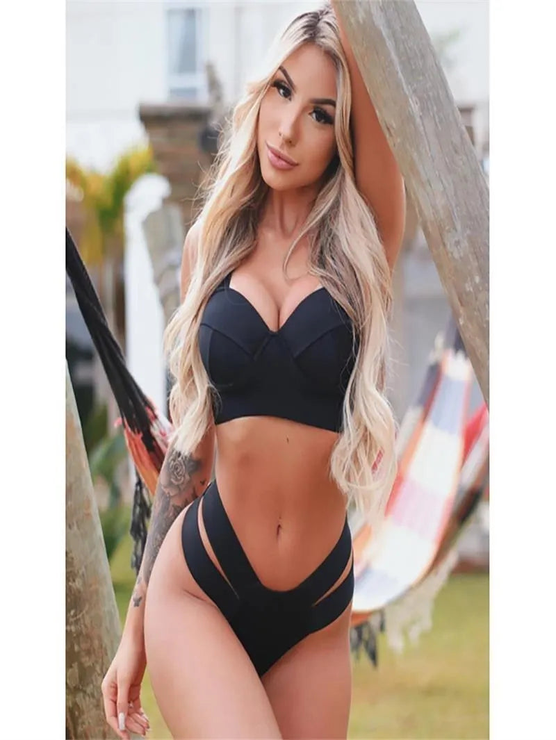 Women's rose red bikini swimsuit with black contrast trim and internal steel bracket push-up support